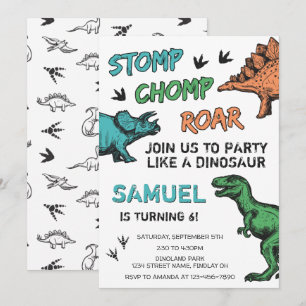 Dinosaurs Stomp Chomp Roar Födelsedagsfest, alla å Inbjudningar