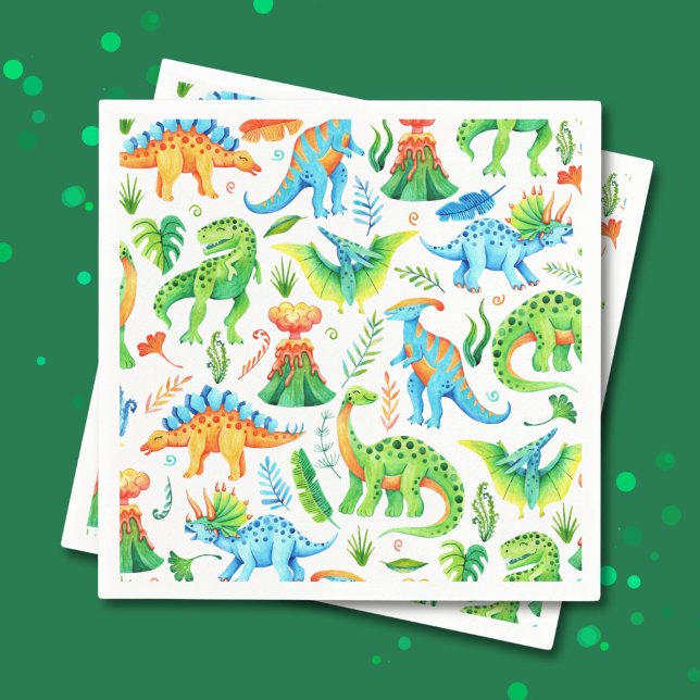 Dinosaurs T rex, Stegosaurus, Brontosaurus Boys Pappersservett (Watercolor Dinosaurs Green, Orange, Blue Napkins)