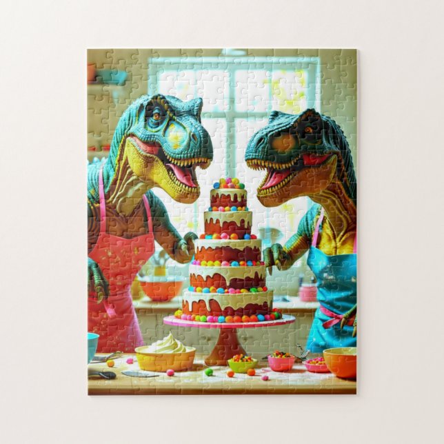 Dinosaurs Teaming upp till Bake a Cake Pussel (Vertikal)