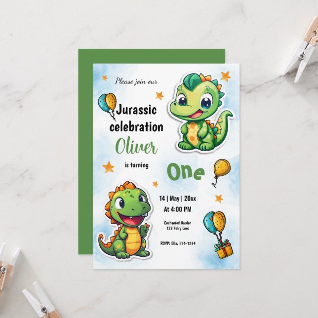 Dinosaurs Tecknad Boy First Födelsedagsfest Inbjudningar (Fram/Back In Situ)