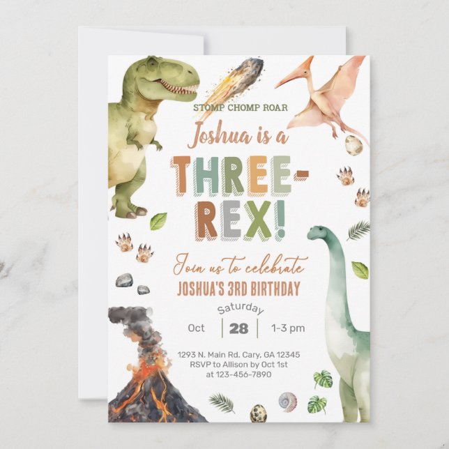 Dinosaurs Three-Rex boy 3rd birthday invite. Inbjudningar (Framsida)