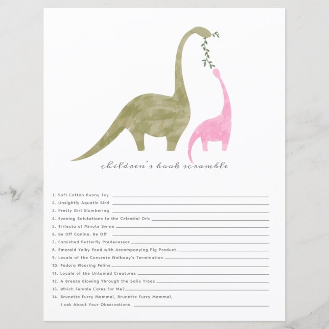 Dinosauurs Rosa Baby Shower Bok Scramble Game (Framsida)