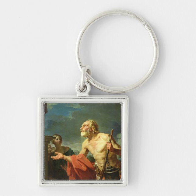 Diogenes som frågar för allmosa, 1767 fyrkantig silverfärgad nyckelring (Framsidan)
