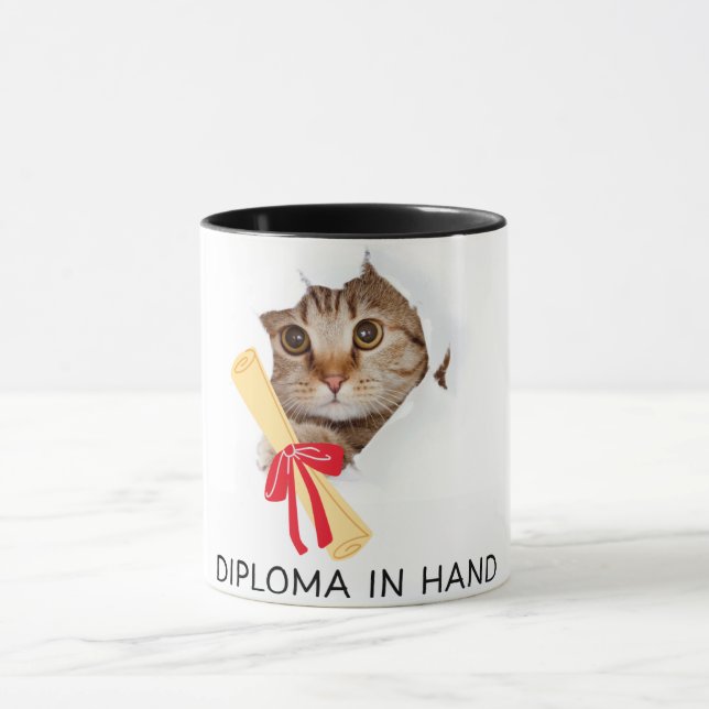 Diploma in Hand Cute Grad Cat Mugg (Center)