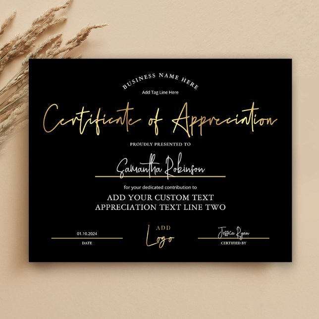 Diplomatpris för utvärderingscertifikat Black Guld (Elegant black and gold Certificate of Appreciation award with space for your logo and custom text)