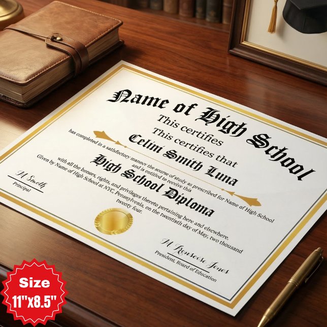 Diplomkopia från high school - falskt guldstämpel poster (High School Diploma Replica Poster - Fake Gold Seal - Size 11"x8.5")