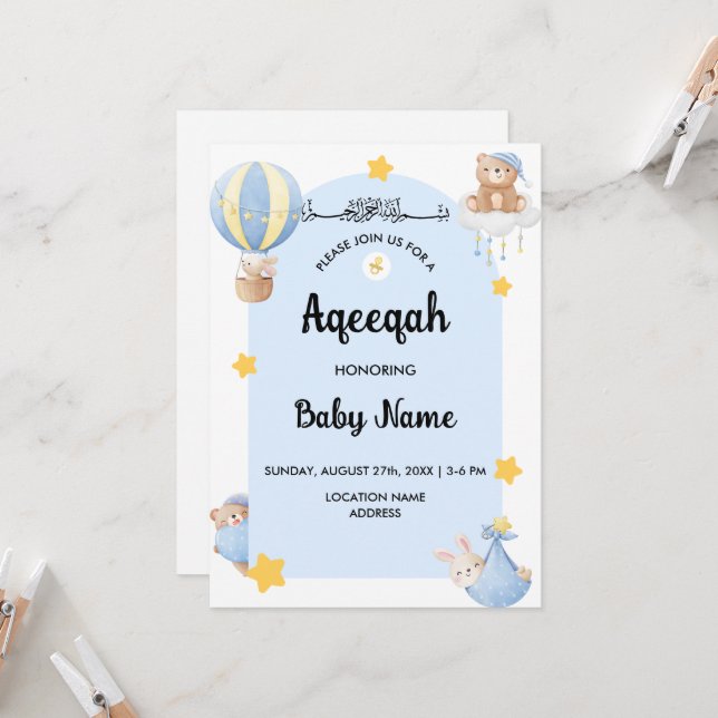 Direkt Blå Aqeeqah Aqiqah Inbjudningskort (Fram/Back In Situ)
