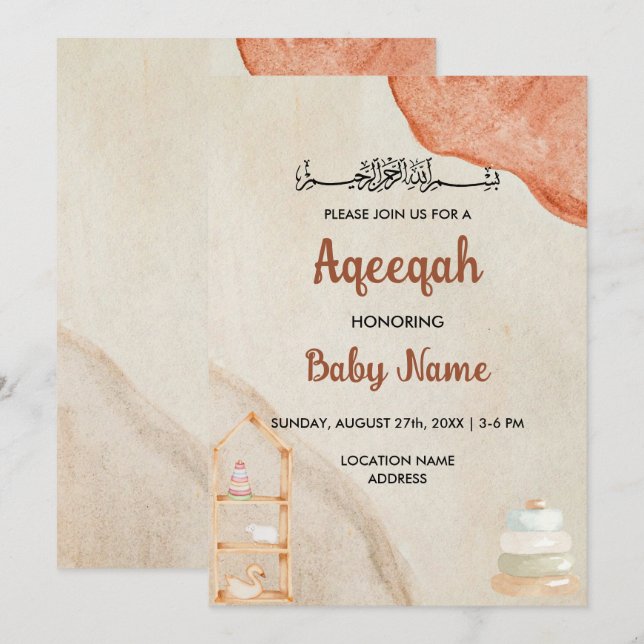 Direkt Boho Cream Aqeeqah Aqiqah Inbjudningskort (Fram/baksida)