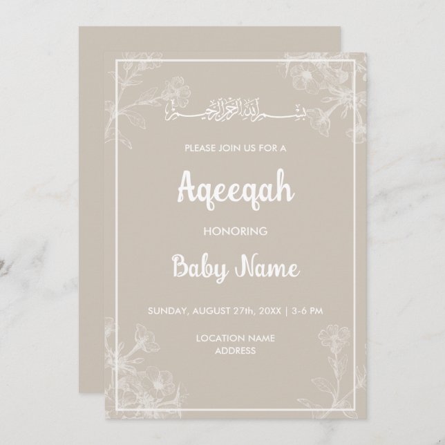 Direkt Modern Blommig Aqeeqah Aqiqah Inbjudan (Fram/baksida)