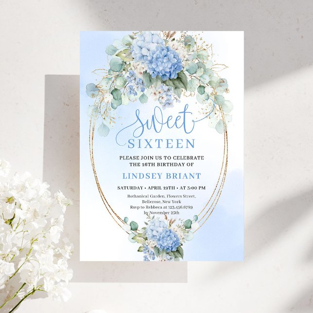 Direktnedladdning Blomsterguld Sweet 16 Inbjudan (Instant Download Blue Floral Gold Sweet 16 Invitation)