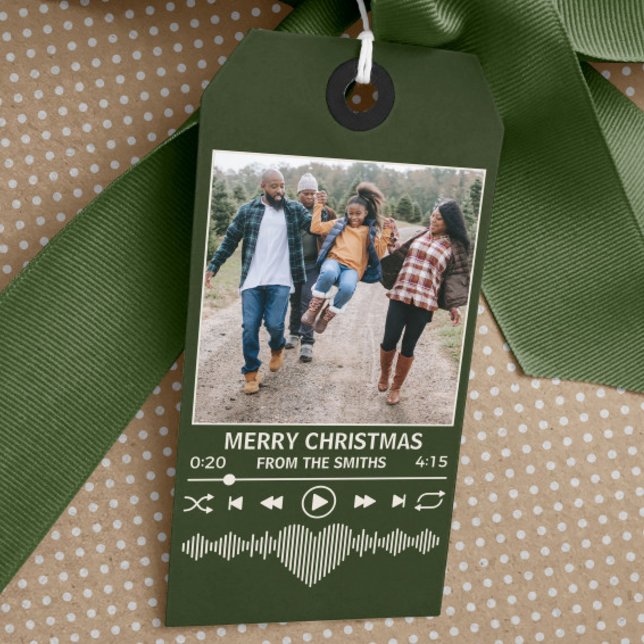 Direktuppspelning av Music Grönt Player Photo jul Presentetikett (green holiday gift tag with streaming music theme and space for a family photo as the album art)