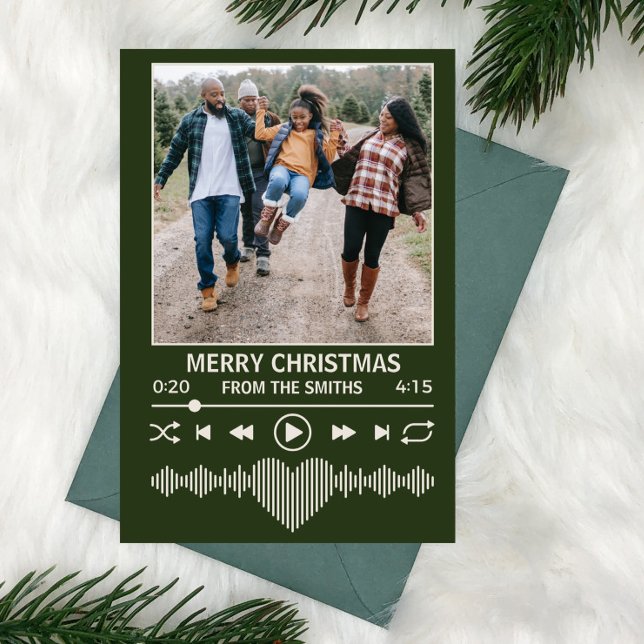 Direktuppspelning av Music Player Grönt Photo jul Julkort (streaming music player themed holiday christmas card with space for christmas family photo)