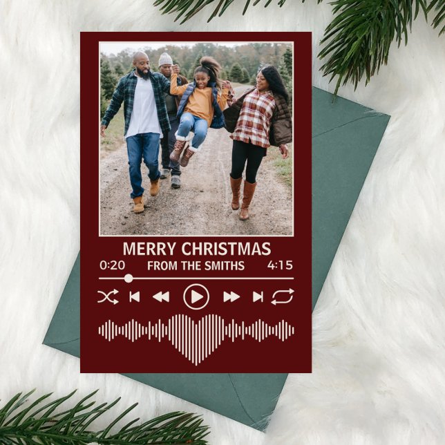 Direktuppspelning av Music Red Player Photo jul Julkort (streaming music themed holiday christmas card red with place for family photo as the album art)