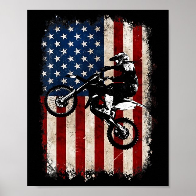 Dirt Bike American Flagga Motocross Biker 4:e Jul Poster (Framsidan)