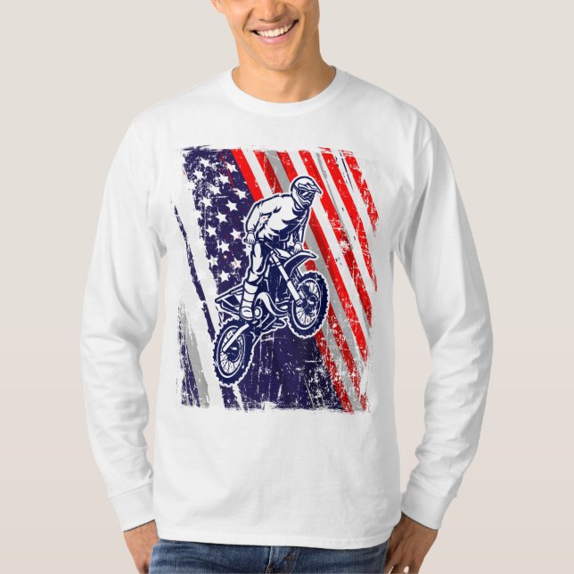 Dirt Bike American Flagga Motocross Biker 4th of J T Shirt (Framsida)