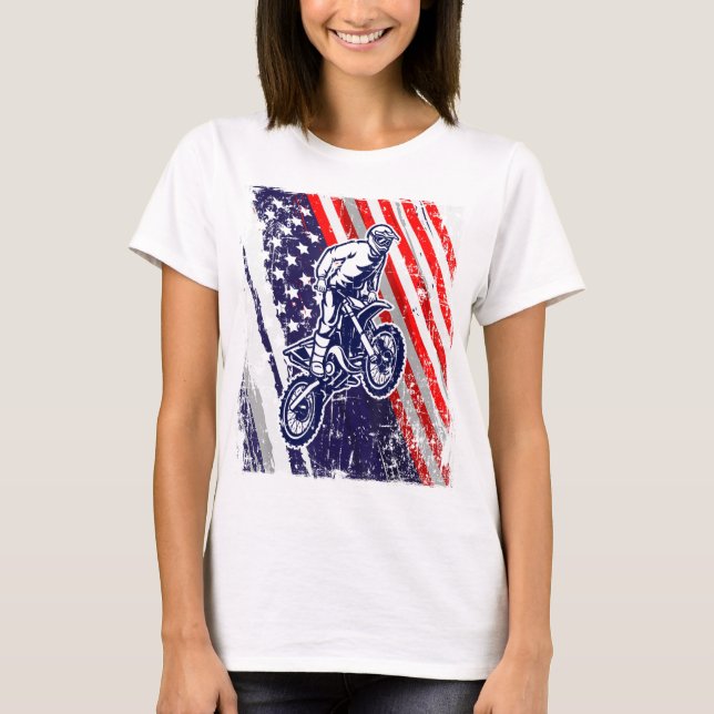 Dirt Bike American Flagga Motocross Biker 4th of J T Shirt (Framsida)