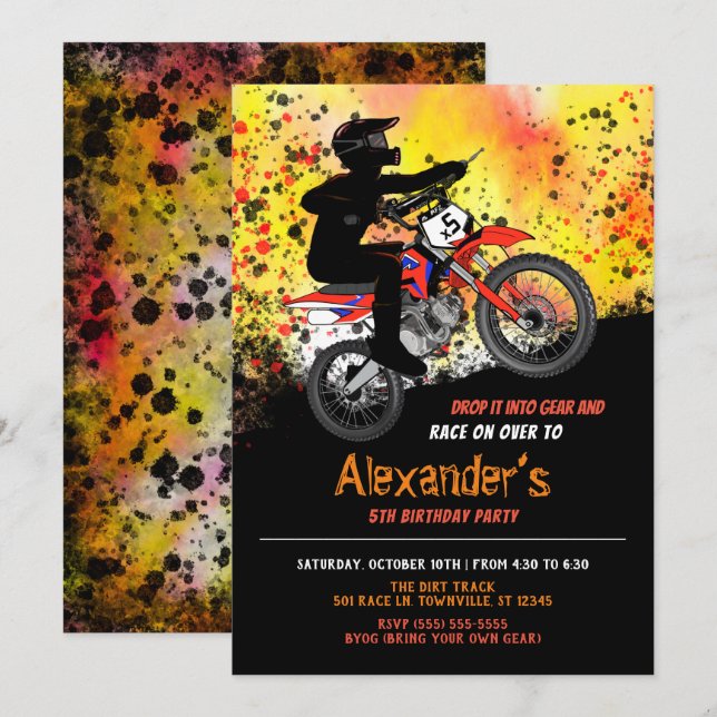 Dirt Bike/Motorcykel Födelsedagsfest inbjudan (Fram/baksida)