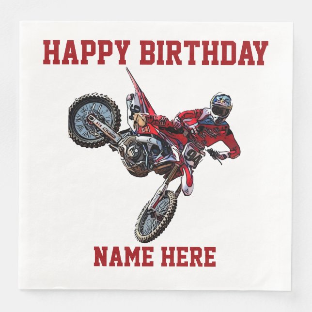 Dirt Bike Red Birthday Sports Namn Tävla Napkins Pappersservett (Framsida)