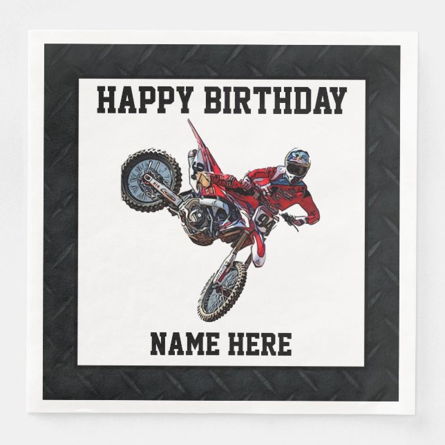 Dirt Bike Red Birthday Sports Namn Tävla Napkins Pappersservett (Framsida)