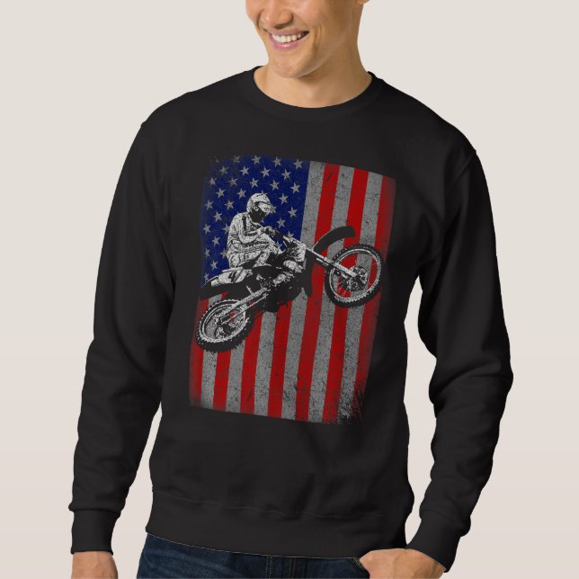 Dirt Bike Rider Motocross Racer American Flagga Lång Ärmad Tröja (Framsida)
