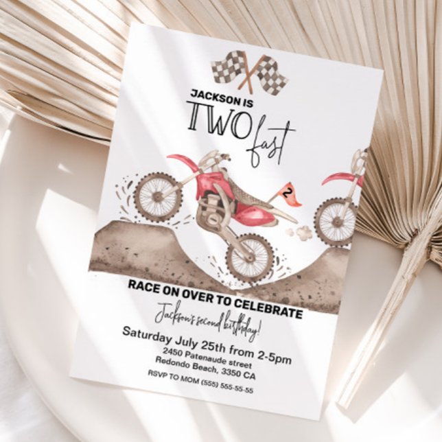Dirt Bike TWO FAST-födelsedagsinbjudan Inbjudningar (Two Fast dirt bike invitation)