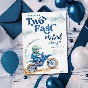 Dirt Bike Two Fast Grönt Blue Birthday Inbjudningar