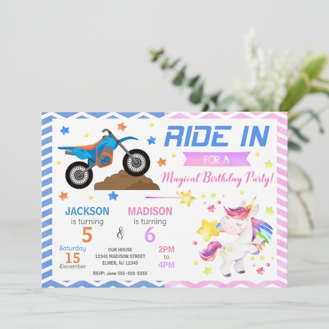 Dirt Bike & Unicorn Joint Birthday Invitation Inbjudningar (Stående Fram)