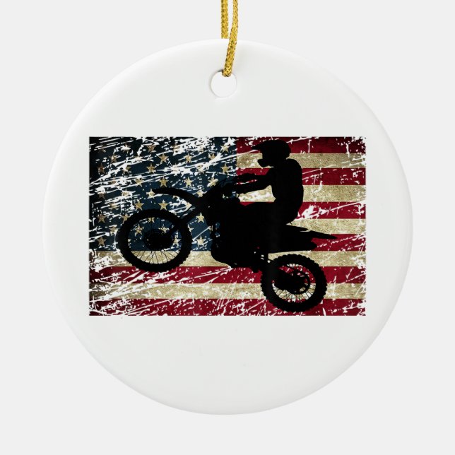 Dirt Bike USA flagga T-Shirt Motocross American Fl Julgransprydnad Keramik (Framsidan)
