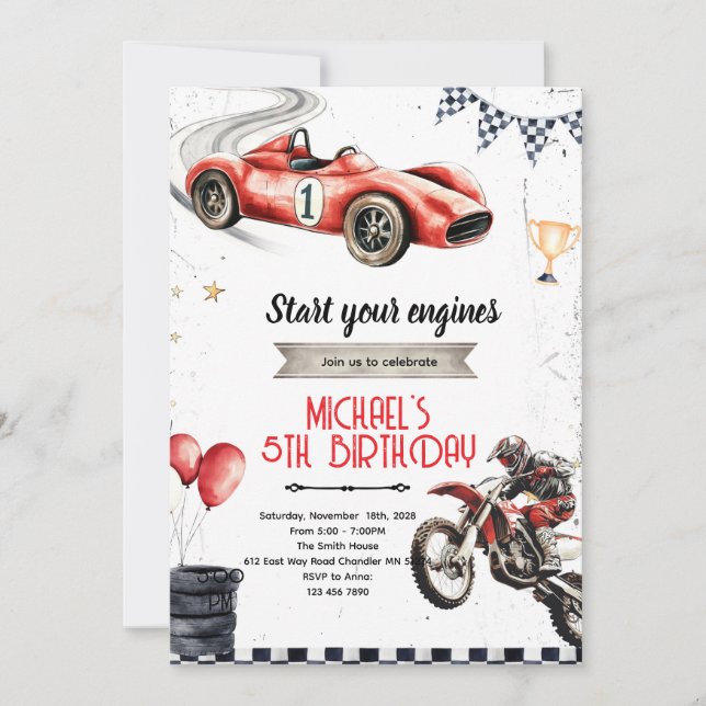 Dirt Bikes and race car theme invite Inbjudningar (Framsida)