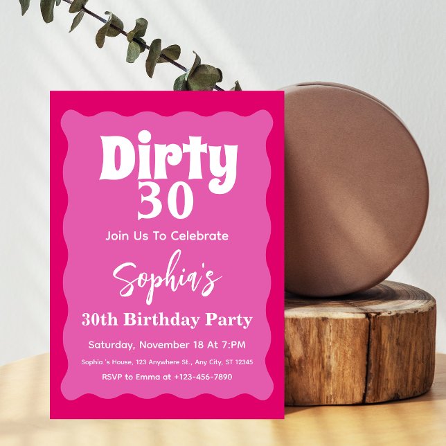 Dirty30 Shock rosa Vågigt Curve Squiggle 30års föd Inbjudningar (Skapare uppladdad)