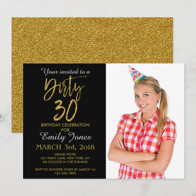 Dirty 30 Gold Foil Birthday-inbjudan Inbjudningar (Fram/baksida)