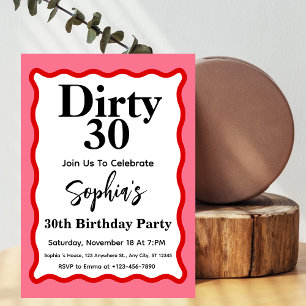 Dirty 30 Rosa and Red Curve Squiggle 30års födelse Inbjudningar