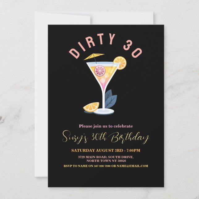 Dirty 30 Womens Birthday Trety Cocktails Martini Inbjudningar (Framsida)