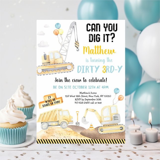Dirty 3rd-y Construction Lastbil Birthday Inbjudningar (Skapare uppladdad)