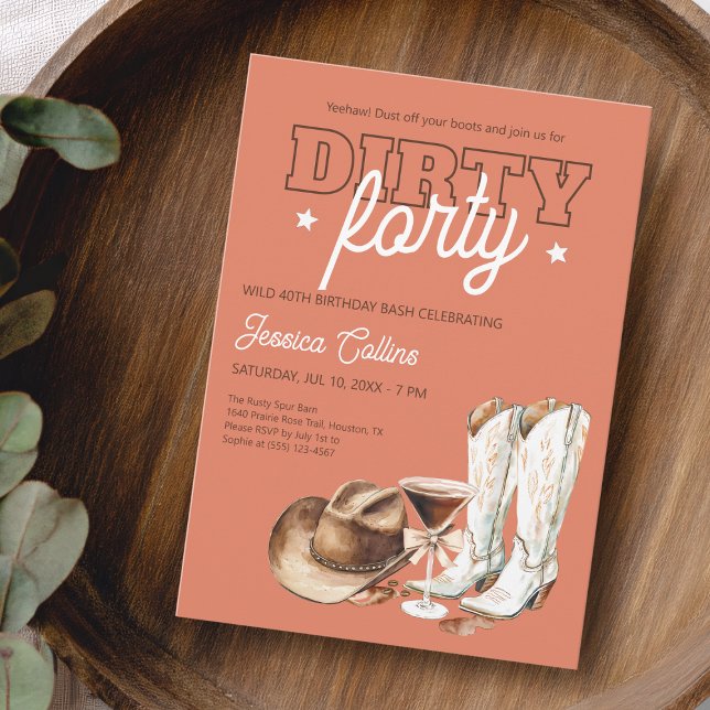 Dirty 40 Western Terracotta 40:e födelsedagen Part Inbjudningar (Dirty Forty Western Terracotta 40th Birthday Party Invitation)