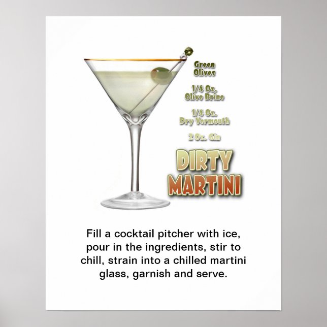 Dirty Martini Cocktail Recipe Art 16"x20" Poster (Framsidan)