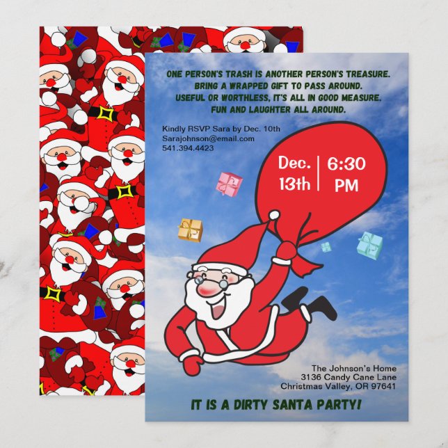 Dirty Santa Party som flyger med en Blå himmel-jul Inbjudningar (Fram/baksida)
