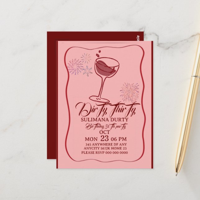 Dirty thirty birthday invitation template, cherry  vykort (Fram/Back In Situ)