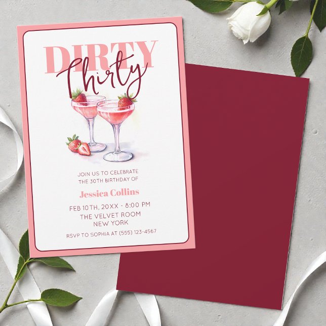 Dirty Thirty Rosa Röd Cocktail 30-årsfest Inbjudningar (Dirty Thirty Pink Red Cocktail 30th Birthday Party Invitation)