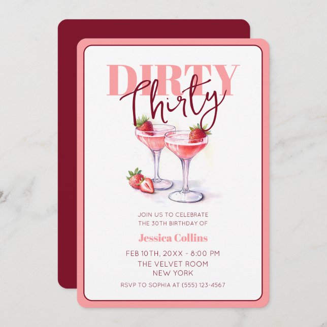 Dirty trettio Rosa Red Cocktail 30års födelsedag P Inbjudningar (Fram/baksida)