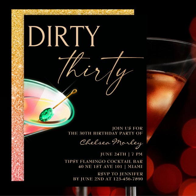 Dirty tretty Martini Black & Guld 30års födelsedag Inbjudningar (Skapare uppladdad)