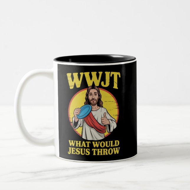 Disc Golf Wwjt What Would Jesus Throw Frisbee  Två-Tonad Mugg (Vänster)