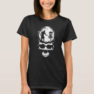 Discgolf Skalle Spelare Retro Solnedgång Silhuett T Shirt