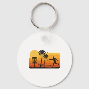 Discgolf Tropisk Solnedgång Palmträd Strand Grafik Nyckelring