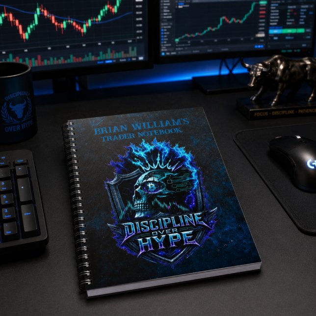 Disciplin Före Hype Blå Grunge Bitcoin Anteckningsbok (Personalized Trader Notebook – Discipline Over Hype Crypto Trading Illustration)