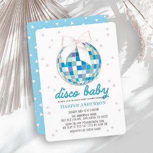 Disco Baby Blå Disco Boll Båge Pojke Baby Shower Inbjudningar