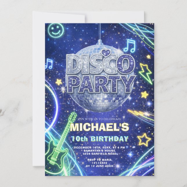Disco Ball Neon Space Kids Birthday Party Invite Inbjudningar (Framsida)