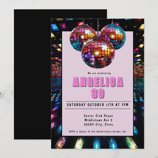Disco Birthday Rosa Black Inbjudningar (Fram/baksida)