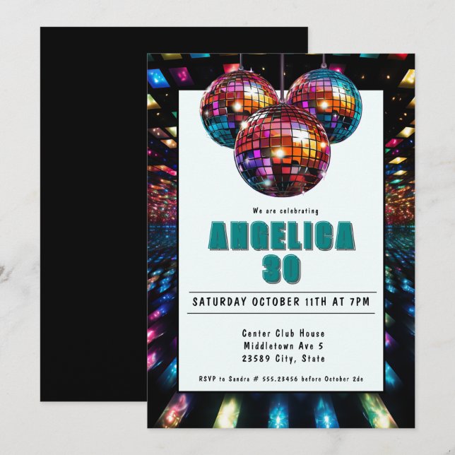 Disco Birthday Teal Black Inbjudningar (Fram/baksida)