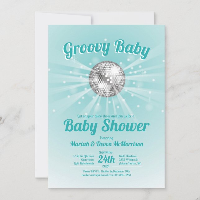 Disco Boll Baby Shower Groovy Blue Boy Inbjudningar (Framsida)
